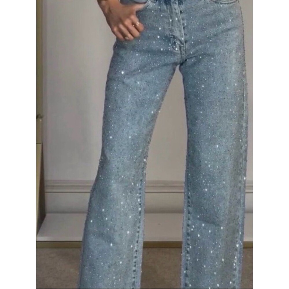 Mango Women sparkle glitter Light Blue Straight-Leg Jeans mid waist size 6 NWT
